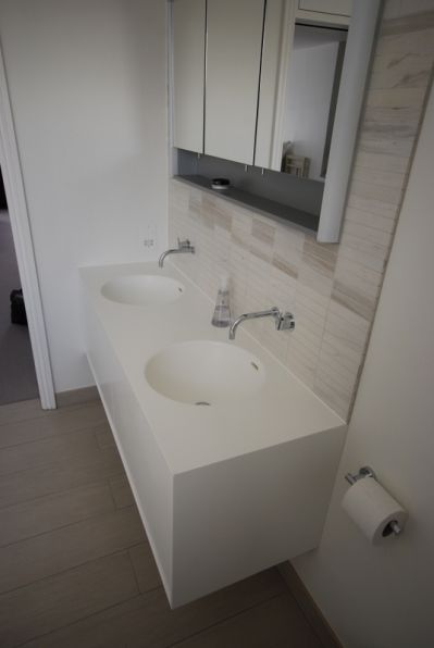 Double Basin Vanity Wrapped in Glacier White Corian