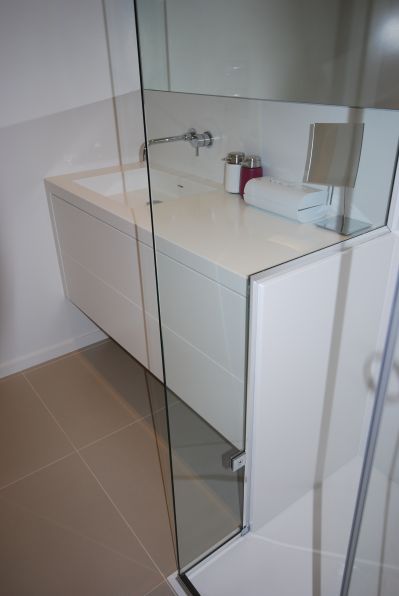 HI-MACS Alpine White Bespoke Wrapped Vanity Unit